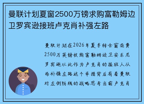 曼联计划夏窗2500万镑求购富勒姆边卫罗宾逊接班卢克肖补强左路