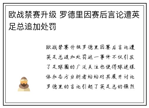 欧战禁赛升级 罗德里因赛后言论遭英足总追加处罚 欧战禁赛升级 罗德里因赛后言论遭英足总追加处罚