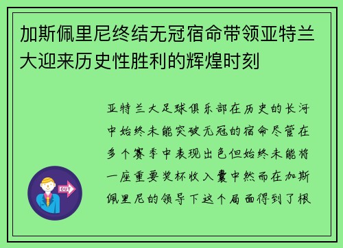 加斯佩里尼终结无冠宿命带领亚特兰大迎来历史性胜利的辉煌时刻