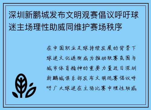 深圳新鹏城发布文明观赛倡议呼吁球迷主场理性助威同维护赛场秩序